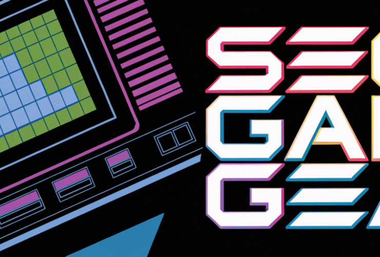 Colorful illustration of a Sega Game Gear console and logo on a black background.