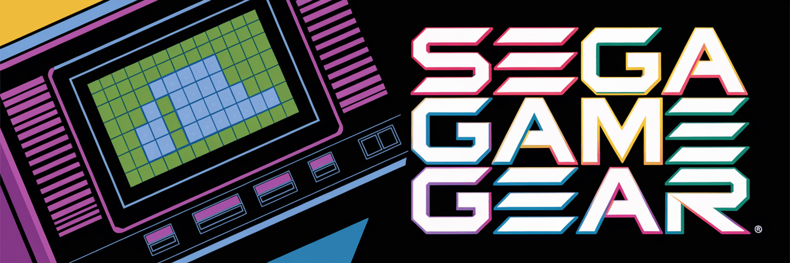 Colorful illustration of a Sega Game Gear console and logo on a black background.