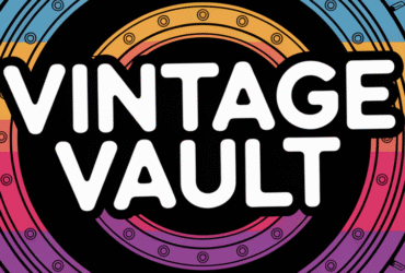 Vintage Vault text over colorful horizontal stripes with a stylized vault door in the background.