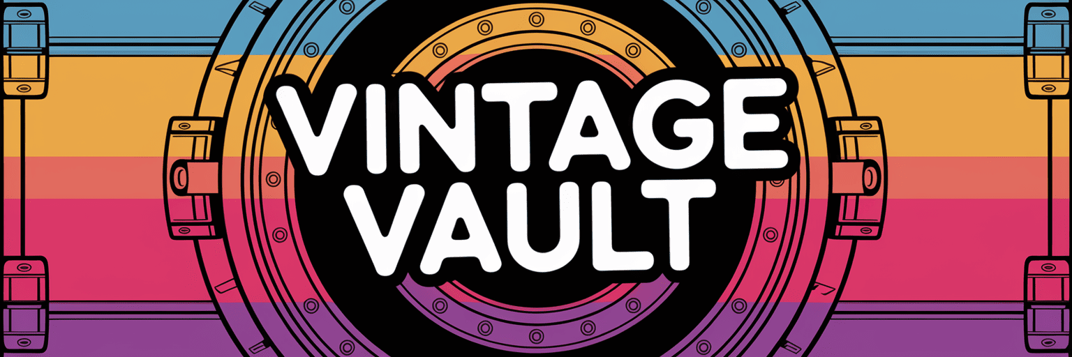 Vintage Vault text over colorful horizontal stripes with a stylized vault door in the background.