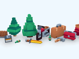 A row of voxel-style objects including a house, trees, suitcase, scooter, and various small items on a light background.
