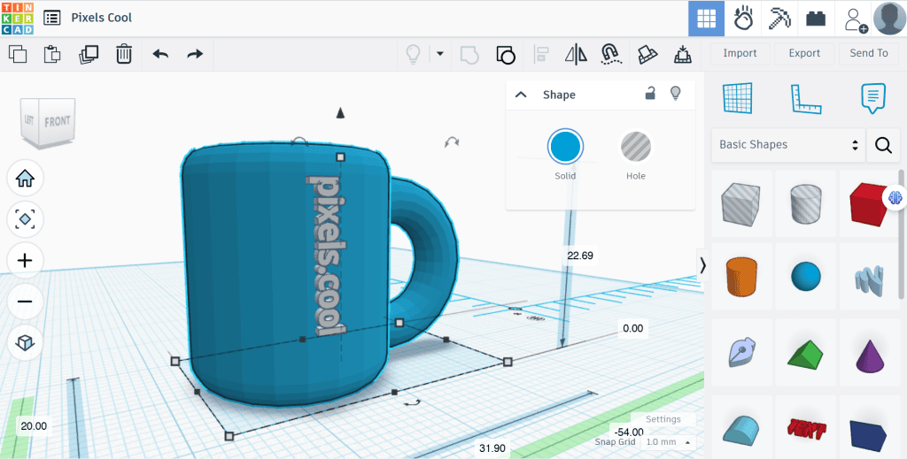 A blue 3D mug model with "pixels.cool" text is displayed in the Tinkercad design interface.