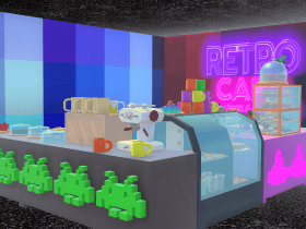 A retro-themed café counter with cakes, mugs, a coffee machine, and a neon "Retro Café" sign in the background.