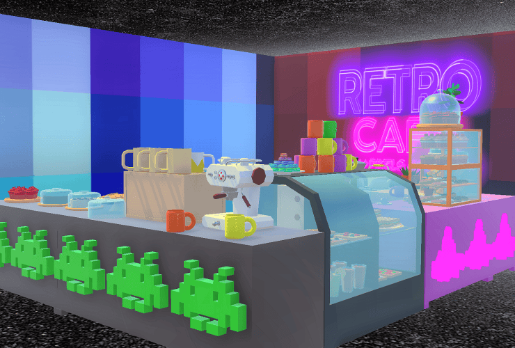A retro-themed café counter with cakes, mugs, a coffee machine, and a neon "Retro Café" sign in the background.