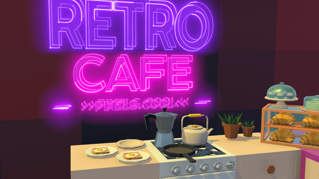 A kitchen counter with breakfast plates, a coffee pot, and a neon "Retro Cafe" sign in the background.