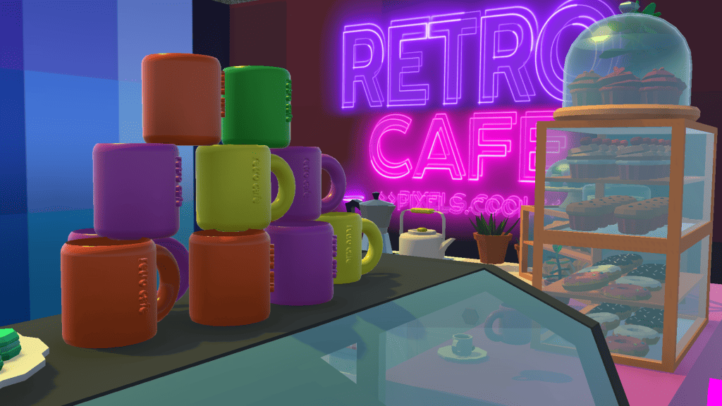 Stack of colorful mugs beside a pastry display in a neon-lit retro cafe setting.