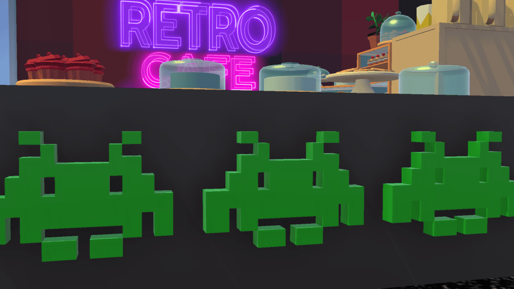 Retro-themed café counter with green pixel art aliens, baked goods, and a neon "Retro Café" sign in the background.