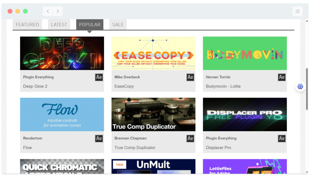 A webpage displays popular After Effects plugins, each with a title, author, and preview image in a grid layout.