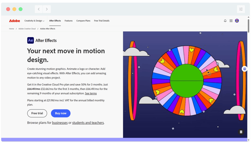 Adobe After Effects webpage featuring animation graphics and a colorful spinning wheel illustration.