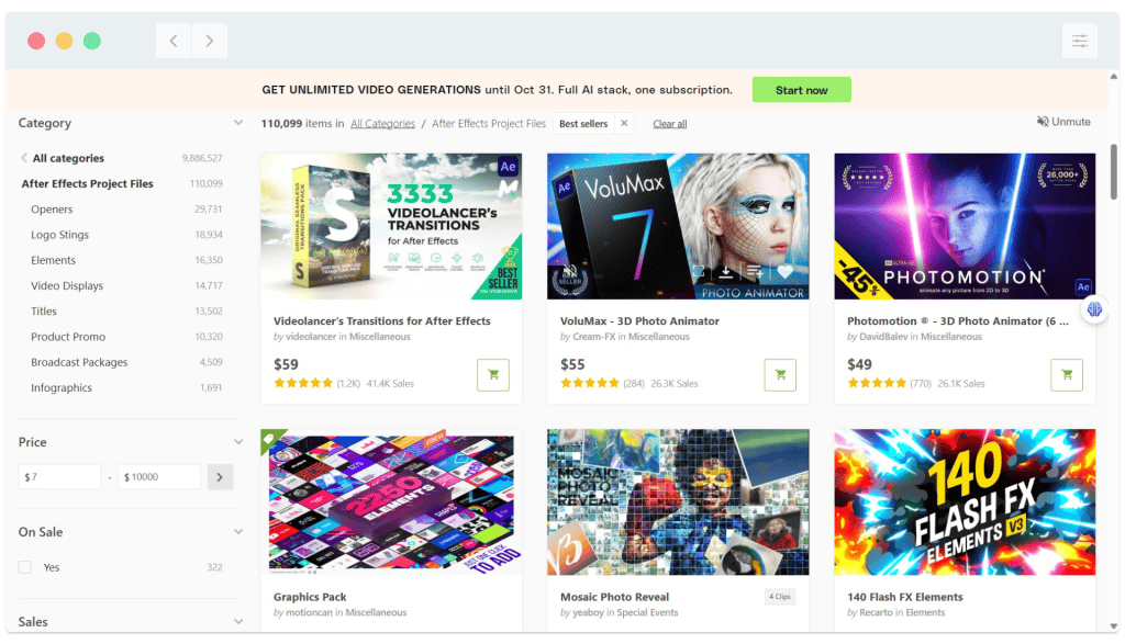 Screenshot of a website marketplace listing various video editing products with images, prices, and ratings.