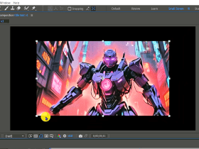 A futuristic robot stands in a cityscape, displayed in a video editing software interface with controls visible.