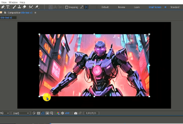 A futuristic robot stands in a cityscape, displayed in a video editing software interface with controls visible.