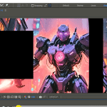 A digital art program shows a robotic figure with glowing elements in a futuristic cityscape.