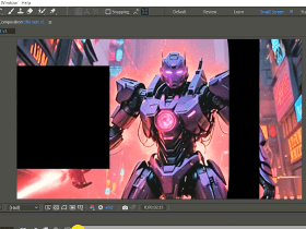 A digital art program shows a robotic figure with glowing elements in a futuristic cityscape.