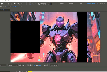 A digital art program shows a robotic figure with glowing elements in a futuristic cityscape.