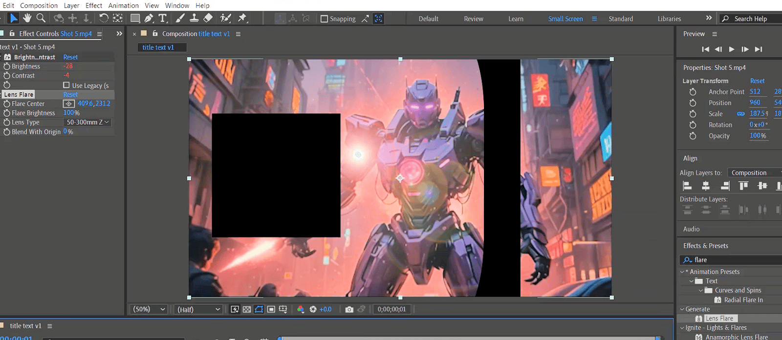 A digital art program shows a robot in a cityscape; part of the image is obscured by a black rectangle.