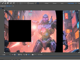 A digital art program shows a robot in a cityscape; part of the image is obscured by a black rectangle.
