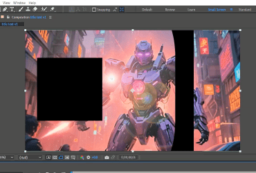 A digital art program shows a robot in a cityscape; part of the image is obscured by a black rectangle.
