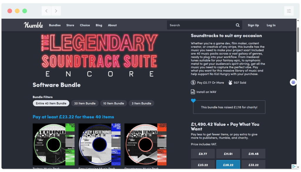 Humble Bundle page featuring "The Legendary Soundtrack Suite Encore" with album covers, prices, and bundle options displayed.