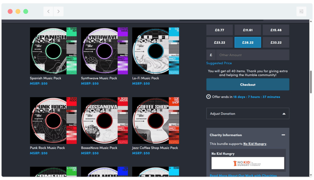 A website page displays music pack offers with prices, checkout options, and charity information on the right.