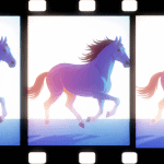Animated film strip showing a horse running, depicted in three consecutive frames against a light background.