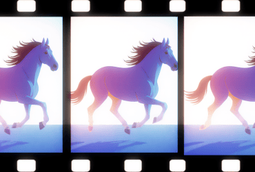 Animated film strip showing a horse running, depicted in three consecutive frames against a light background.