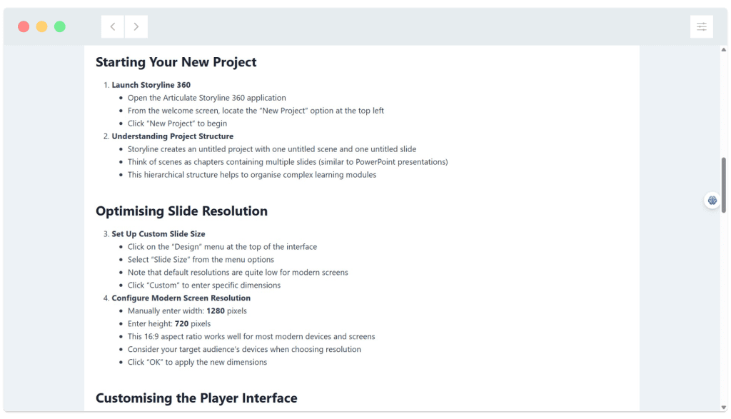 Screenshot of a guide with steps for starting a new project and optimizing slide resolution in Storyline 360.