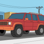 Cartoon-style red SUV driving on a city street with colorful buildings and a power line in the background.