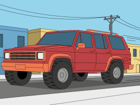 Cartoon-style red SUV driving on a city street with colorful buildings and a power line in the background.