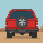 A red SUV is parked on a dirt road in a desert landscape with rock formations in the background.