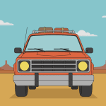 Red SUV with luggage on top, parked in a desert landscape with rock formations and blue sky in the background.