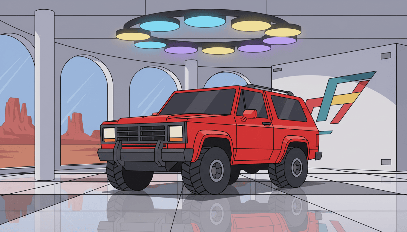 A red SUV is parked in a modern showroom with large windows and colorful ceiling lights.