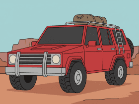 Cartoon-style red SUV with roof luggage parked on a desert road between orange rock formations.
