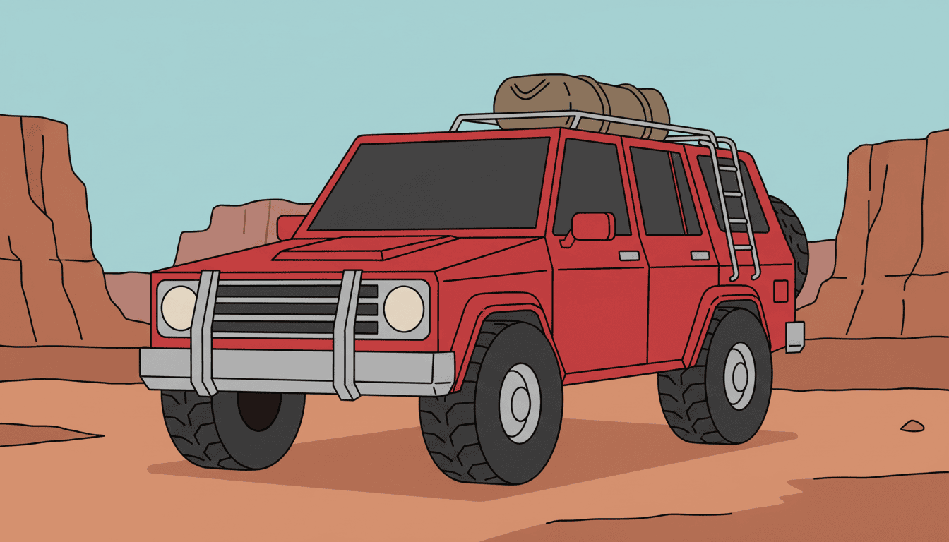 Cartoon-style red SUV with roof luggage parked on a desert road between orange rock formations.