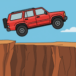 A red SUV is airborne, jumping over a wide canyon gap under a blue sky with clouds.