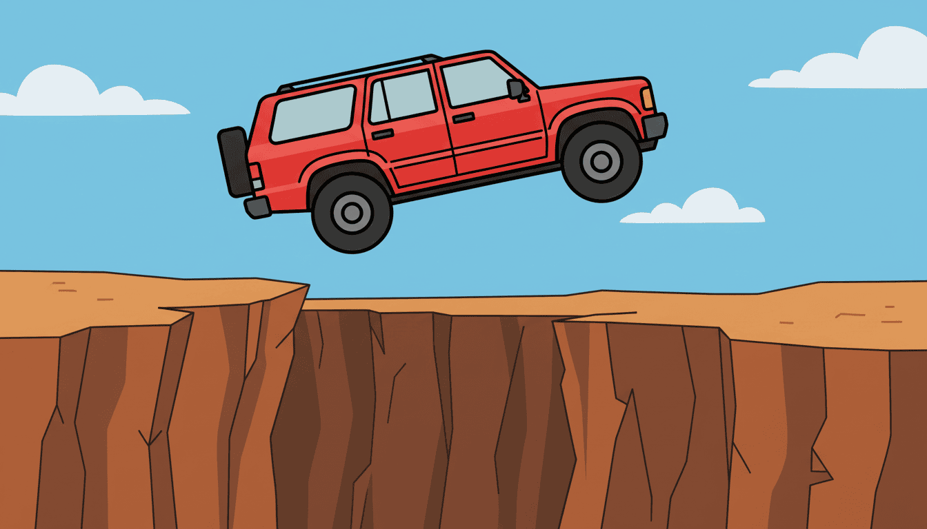 A red SUV is airborne, jumping over a wide canyon gap under a blue sky with clouds.