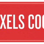 A red license plate with the text "PIXELS COOL" in bold white letters.