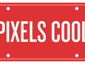 A red license plate with the text "PIXELS COOL" in bold white letters.