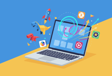 A laptop with colorful app icons, rockets, and arrows emerging from the screen on a blue and yellow background.