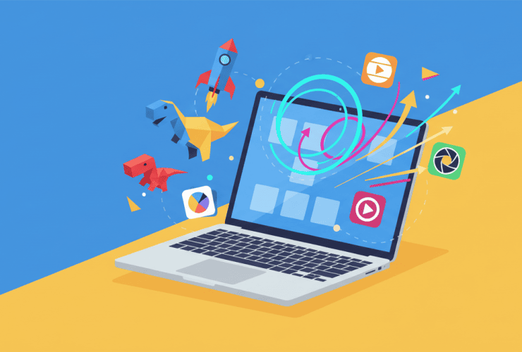 A laptop with colorful app icons, rockets, and arrows emerging from the screen on a blue and yellow background.