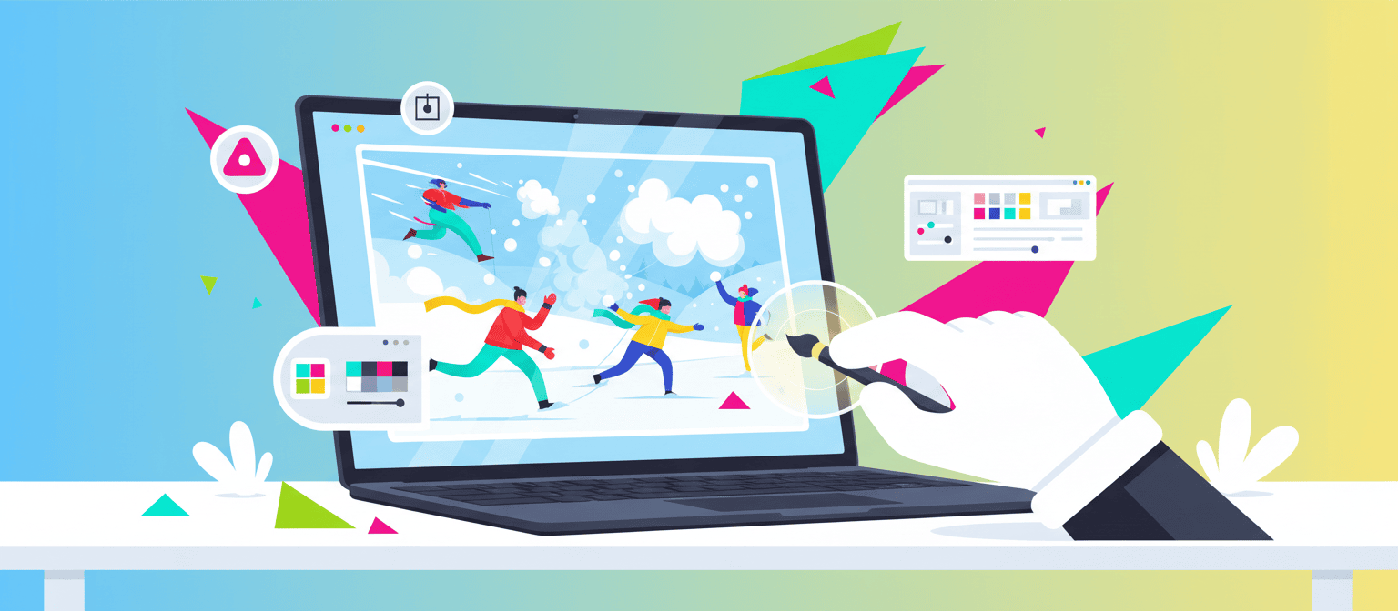 A digital illustration of a hand editing winter sports graphics on a laptop, surrounded by colorful design elements.