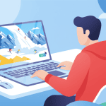 A person in a red hoodie uses a laptop showing a mountain scene with climbers; snowy peaks appear in the background.