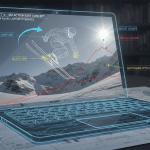 A laptop displays a skier mid-jump with digital editing graphics, surrounded by technical drawings and office items.