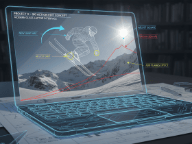 A laptop displays a skier mid-jump with digital editing graphics, surrounded by technical drawings and office items.