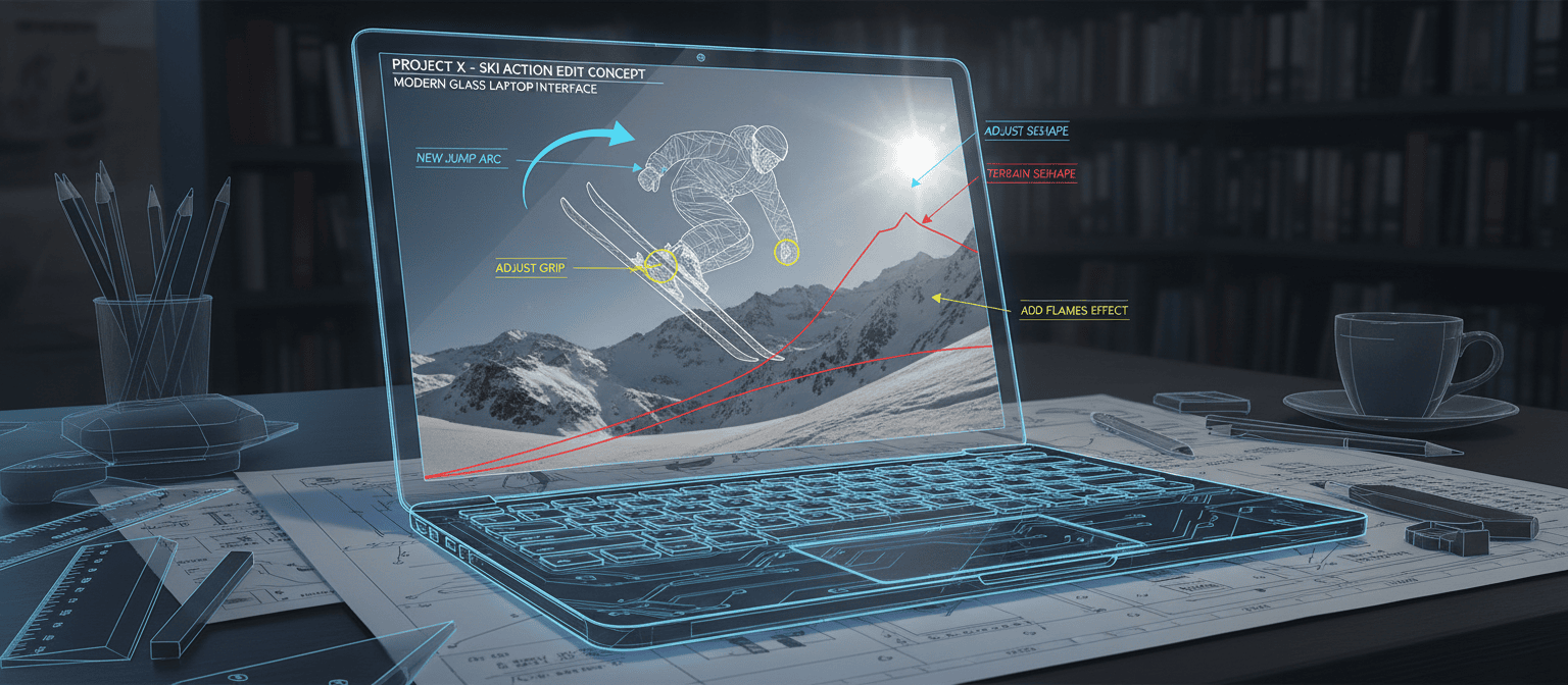 A laptop displays a skier mid-jump with digital editing graphics, surrounded by technical drawings and office items.