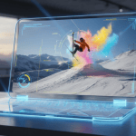 Holographic laptop displaying a colorful action scene of a snowboarder in a modern room with mountain views.
