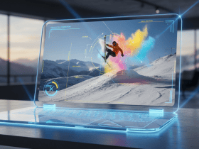 Holographic laptop displaying a colorful action scene of a snowboarder in a modern room with mountain views.