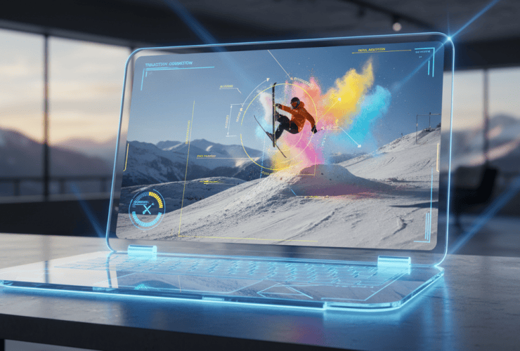 Holographic laptop displaying a colorful action scene of a snowboarder in a modern room with mountain views.