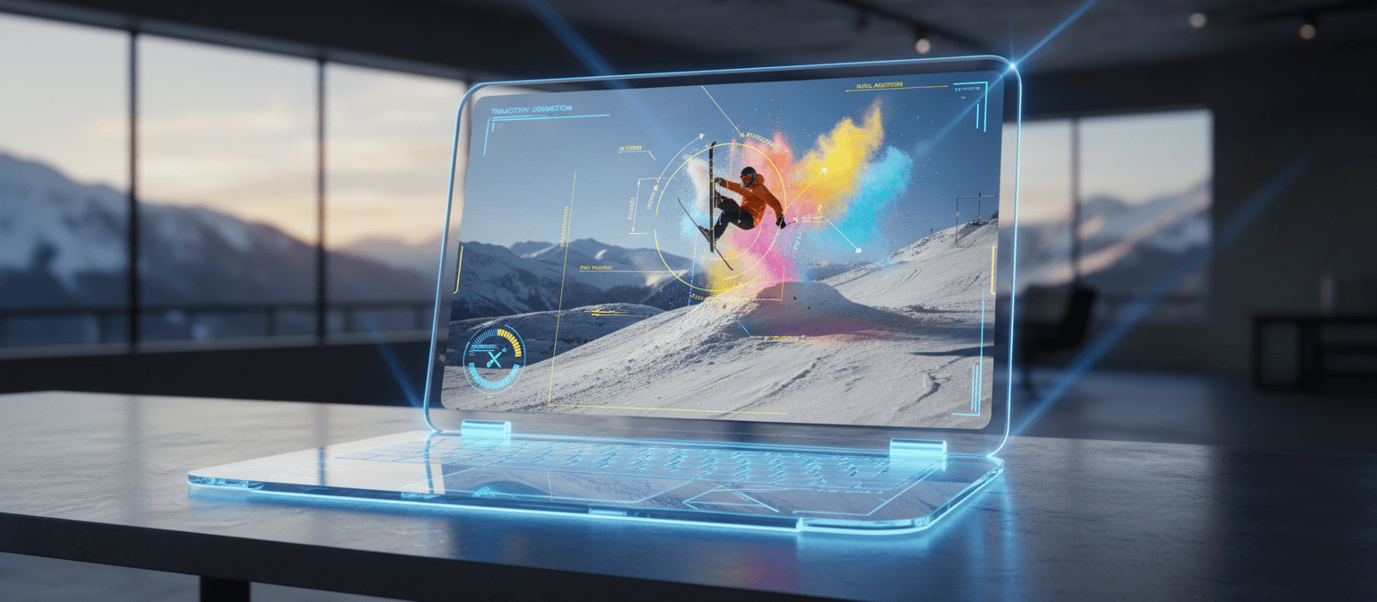 Holographic laptop displaying a colorful action scene of a snowboarder in a modern room with mountain views.