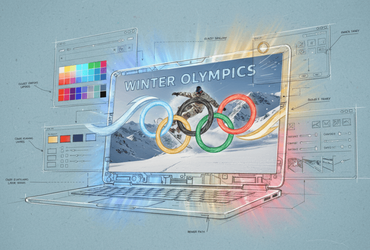 A laptop displays a Winter Olympics graphic with Olympic rings and a snowboarder, surrounded by digital design tools.